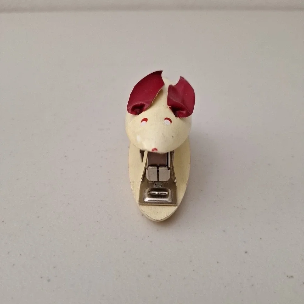 Vintage WOODEN MOUSE STAPLER 1950's Mid-Century Modern Leather Ears Painted